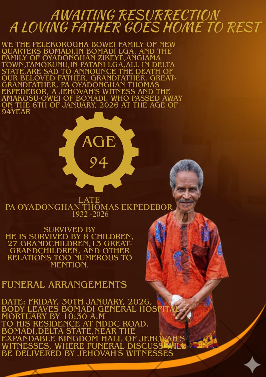 Funeral Announcement: Pa Oyadonghan Thomas Ekpedebor to be Laid to Rest in Bomadi.